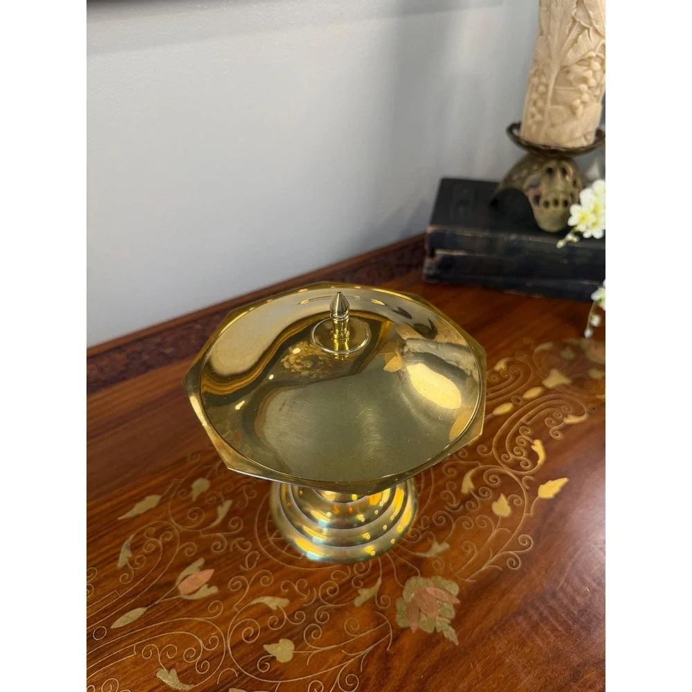 Vintage Solid Brass Lidded Pedestal Bowl • Octagonal Compote